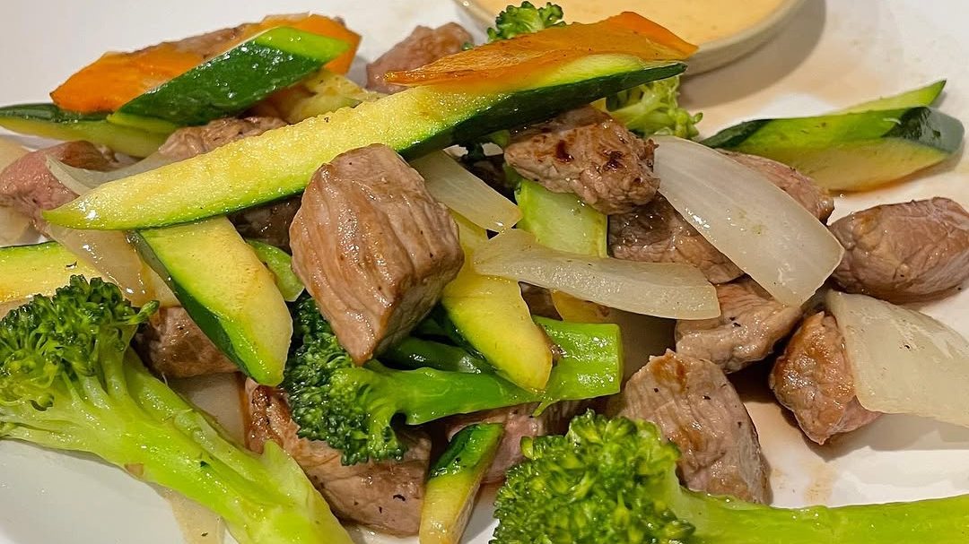 Hibachi steak and vegetables fresh off the grill